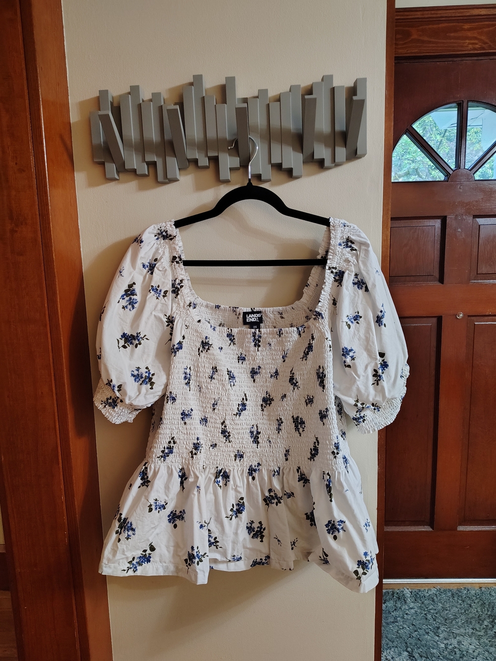 LANDS' END White Smocked Peplum Top with Blue Floral Print